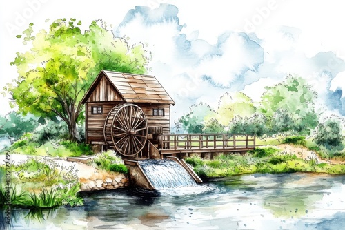 Obraz na płótnie A serene watercolor painting of a rustic watermill surrounded by lush greenery and a flowing river, creating a peaceful natural landscape. w salonie