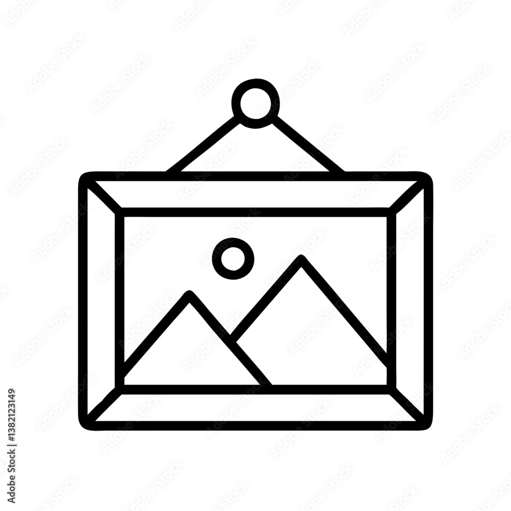 Hanging picture frame with mountain landscape drawing vector art illustration graphic design template Hanging picture frame with mountain landscape drawing vector art illustration graphic design template