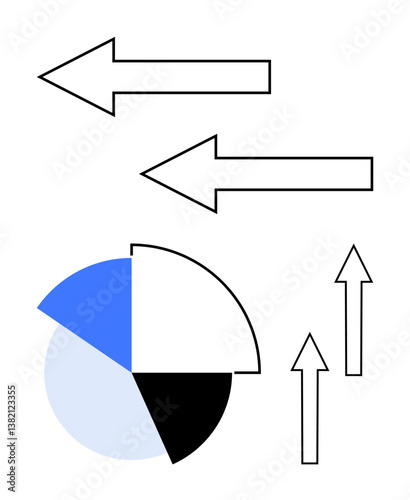 Two large arrows pointing in opposite directions above a pie chart partially filled with blue, white, and black segments. Three upward arrows indicate trends. Ideal for data comparison, progress