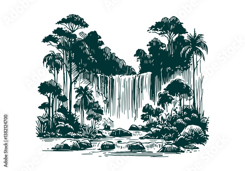Rain forest scenery Hand Drawn Illustration Sketch Vector Isolated