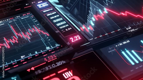 Futuristic Stock Market Data Visualization: Red and Blue Neon Stock Chart Displays