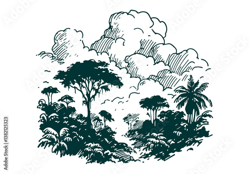 Rain forest scenery Hand Drawn Illustration Sketch Vector Isolated
