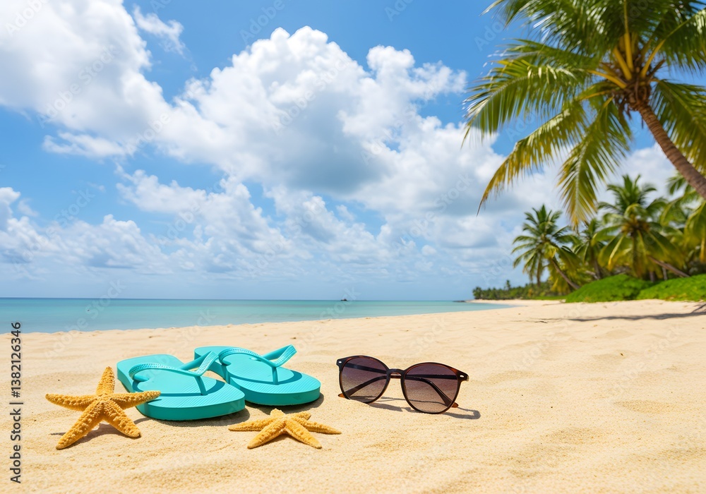Tropical Beach Scene Flip-flops, Sunglasses, Starfish, Palm Trees, Sandy Shore and Blue Sky. Tropical Beach Scene Flip-flops, Sunglasses, Starfish, Palm Trees, Sandy Shore and Blue Sky.