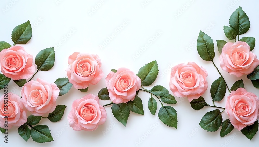 Pink roses, flat lay, white background, floral arrangement