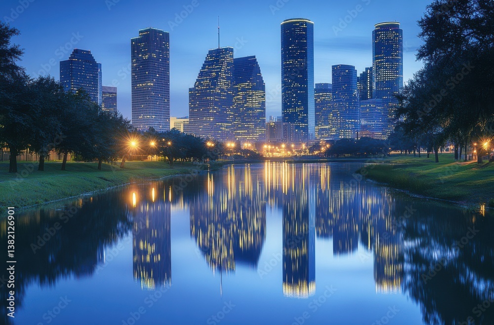 Obraz premium A view of the Houston skyline at night, with skyscrapers