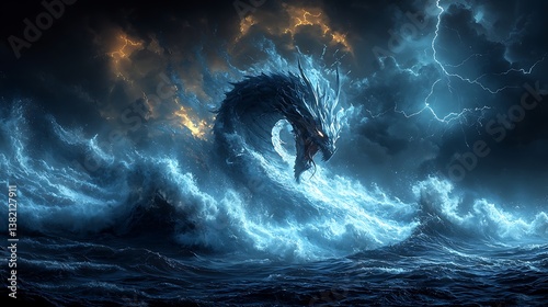 Celestial Leviathan: A mythical serpent emerges from tempestuous ocean waves, as if born from the very heart of a stormy sea, exuding an aura of both terror and majesty.