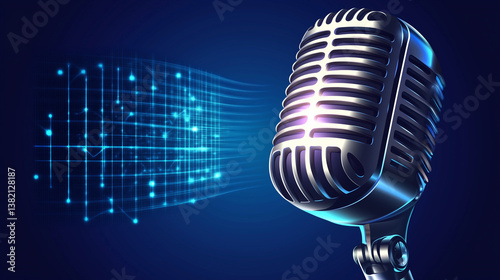 Retro Microphone with Digital Sound Waves Representing Podcast, Music, and AI Voice Technology
