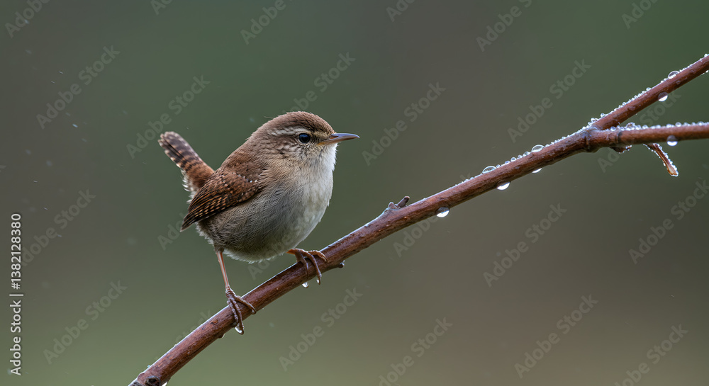 A tiny wren sits perched on a branch, droplets of water clinging to the bark, creating a shimmering effect against a muted background. A tiny wren sits perched on a branch, droplets of water clinging to the bark, creating a shimmering effect against a muted background.