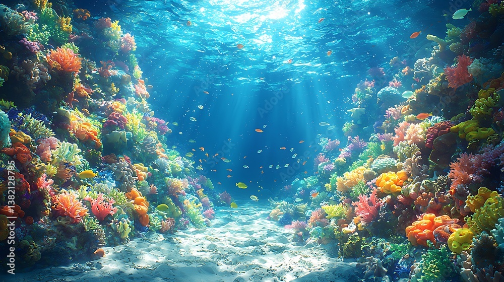 Fototapeta premium Ocean's vibrant coral reef, where the sun's rays dance through the crystal-clear water, illuminating a kaleidoscope of life.