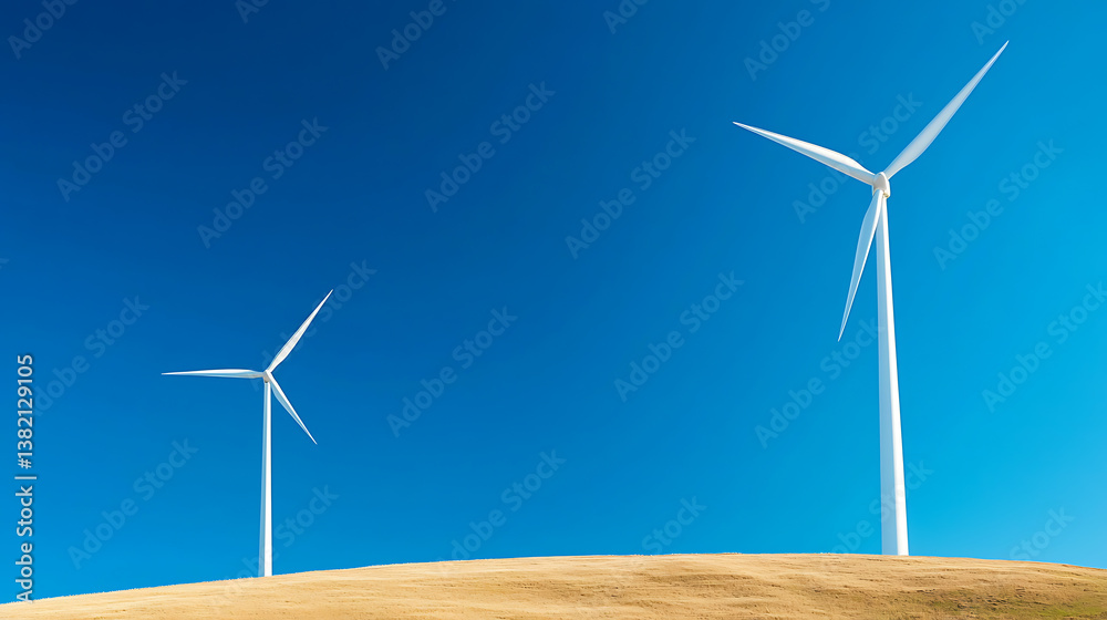 Fototapeta premium Wind turbines generating renewable energy in a clear blue sky over rolling hills nature photography landscape view