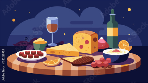 A relaxed evening at home with a charcuterie board featuring an assortment of Swiss and Gouda cheeses tangy honeycomb and y chorizo.. Vector illustration