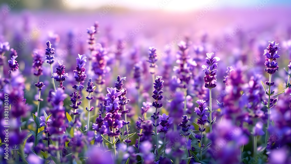 Naklejka premium Breathtaking Lavender Field in Full Bloom Under a Golden Sunset