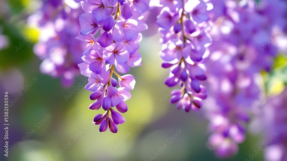 Fototapeta premium Dreamy Close-Up of Cascading Purple Wisteria Flowers in Full Bloom with Tranquil Green Foliage