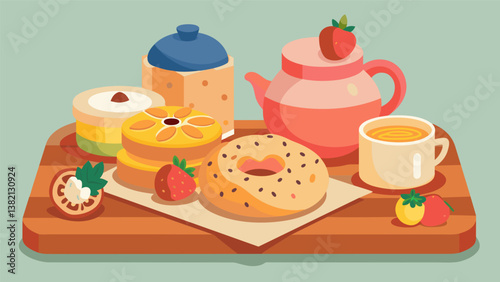 A charming farmtotable bread board featuring rustic loaves of bread cranberry walnut bagels and honey maple scones served with small pots of fresh. Vector illustration