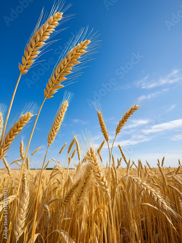 Scenic road trips in the USA depend on weather. A close-up view of golden wheat stalks swaying against a clear blue sky, showcasing the beauty of a bountiful grain field.