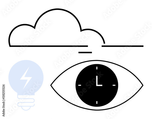 Eye with clock symbolizing focus on time, cloud indicating imagination, and lightbulb portraying creativity. Ideal for time, innovation, focus, vision, inspiration, imagination abstract line flat