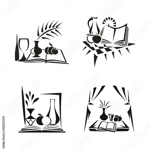 a still life scene using only lines vector illustration set