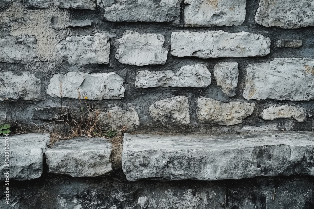 Naklejka premium Stone brick wall with uneven texture and light mortar lines