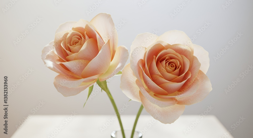 Fototapeta premium Two Blush Pink Roses with Creamy Peach Gradients on White Background