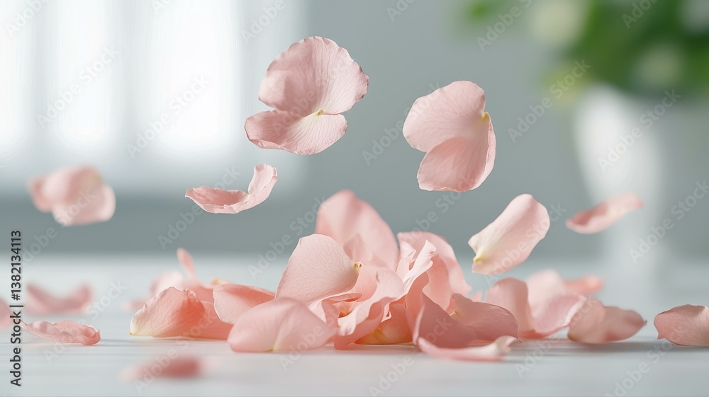 Naklejka premium Delicate pink rose petals floating gently on a blurred background, evoking a sense of tranquility and beauty.
