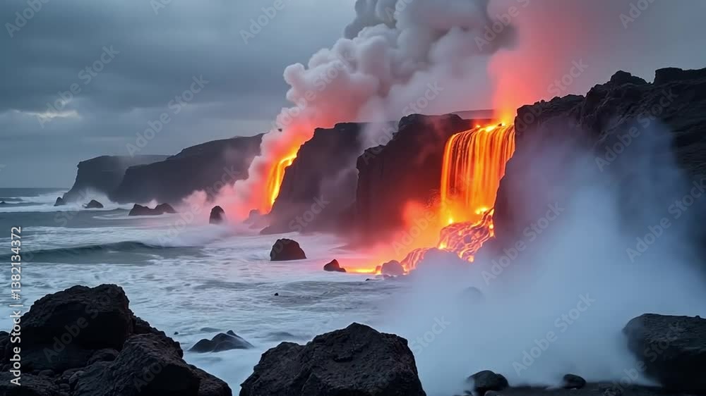 Breathtaking Lava Flow from an Erupting Volcano with Fiery Red Glow