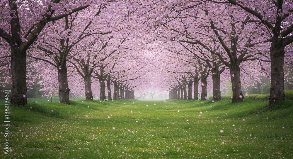 Fototapeta premium Pink Cherry Blossom Tunnel Over Lush Green Lawn