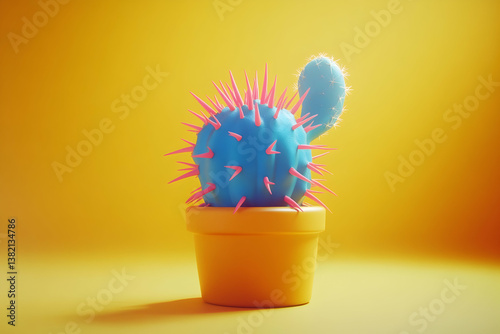 
A blue clay flower pot with pink, thorny cactus inside, isolated on a yellow background.
