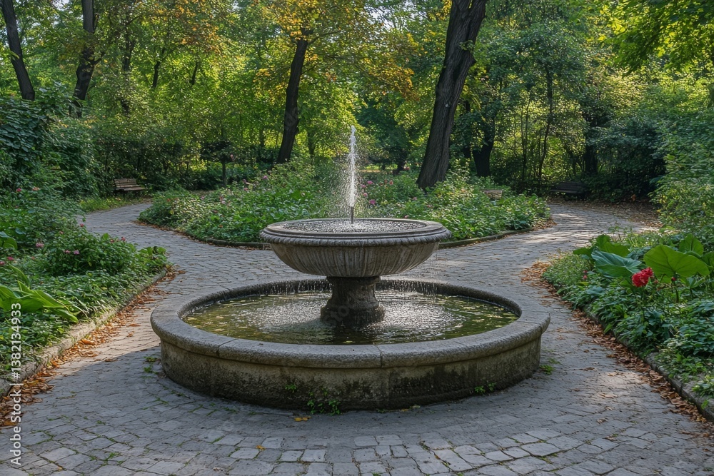 Circular stone fountain in forest park surrounded by green trees and natural vegetation Circular stone fountain in forest park surrounded by green trees and natural vegetation