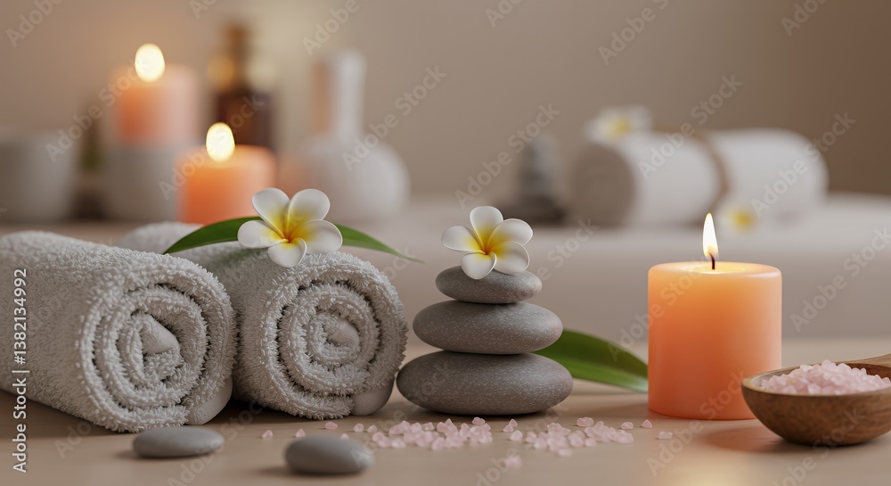 Serene Spa Setting with White Towels Peach Candle and Gray Stones Serene Spa Setting with White Towels Peach Candle and Gray Stones