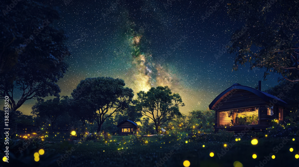 Fototapeta premium serene night time view of starry sky filled with twinkling stars above peaceful landscape. scene features cozy cabins surrounded by lush trees and glowing fireflies, creating magical atmosphere