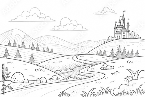 Coloring book landscape. Hand draw vector illustration with separate layers.