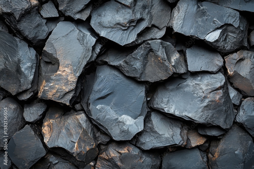 Closeup of raw black stones with jagged textures and natural edges Closeup of raw black stones with jagged textures and natural edges