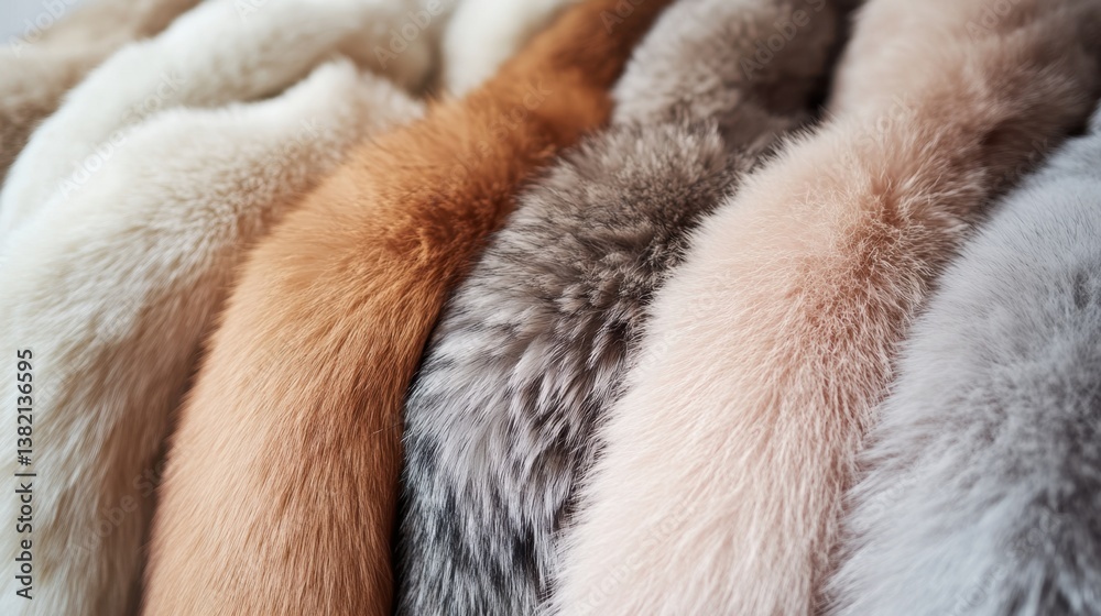 Obraz premium A modern wardrobe filled with soft, fluffy fur coats in various rich shades.