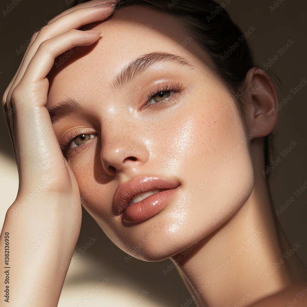 Naklejka premium Radiant Young Woman with Natural Makeup Posing in Soft Light