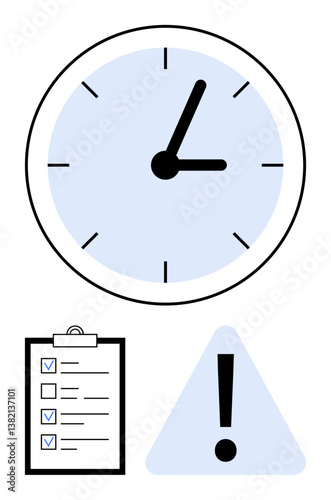Clock indicating time, checklist with tasks, and warning sign symbolizing urgency. Ideal for productivity, reminders, deadlines, task prioritization, time management, workflow planning flat simple