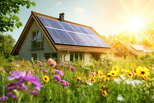 
A modern house with solar panels on the roof, surrounded by lush green grass and colorful flowers in front of it. The sun is shining brightly overhead, casting warm light over everything.