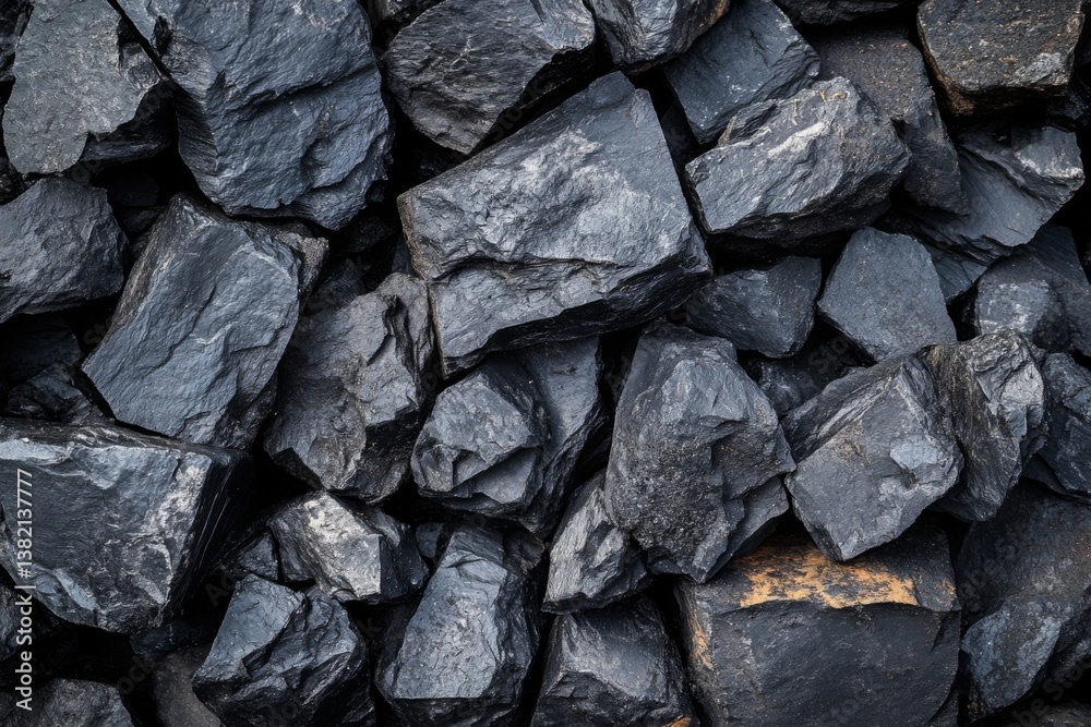 Stack of raw black rocks with uneven surfaces used in construction materials Stack of raw black rocks with uneven surfaces used in construction materials