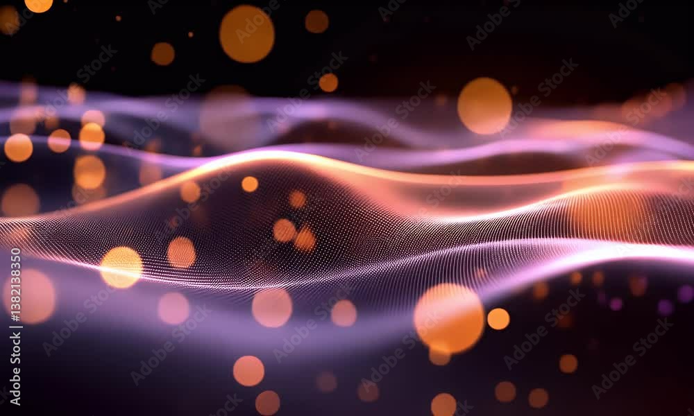 Waves of pink and orange light with sparkling bokeh points create a dreamy, glowing, abstract background