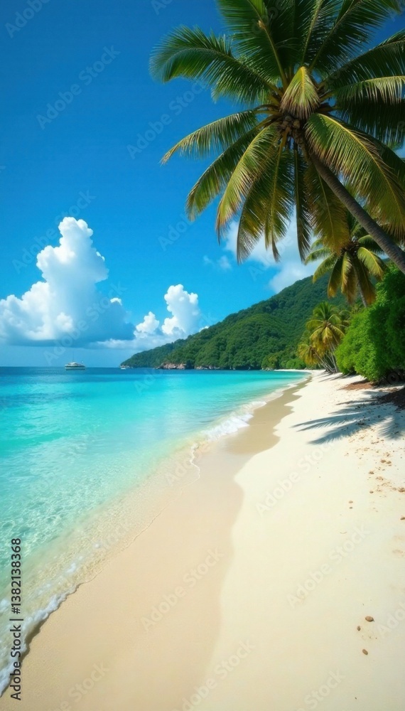 Fototapeta premium Beach with palm trees and crystal clear water, paradise, sandy, sunny