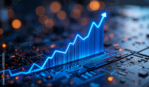 Abstract glowing blue upward trending graph on a circuit board, symbolizing technological growth and financial success.