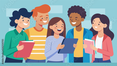 A group of friends huddled together in front of the binder section giggling and discussing their chosen designs.. Vector illustration
