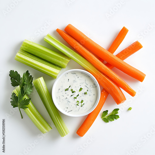 Fresh Carrots and Celery Sticks with Ranch Dip, Healthy Snack, Top View on White Background