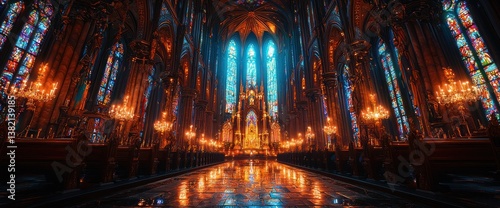 Majestic interior of a church  illuminated by stained glass and candlelight