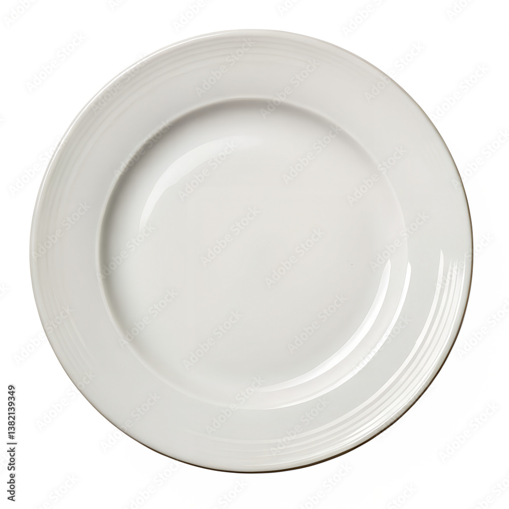 A pristine white porcelain dinner plate with subtle concentric grooves sits on a white background transparent background Generative AI A pristine white porcelain dinner plate with subtle concentric grooves sits on a white background transparent background Generative AI