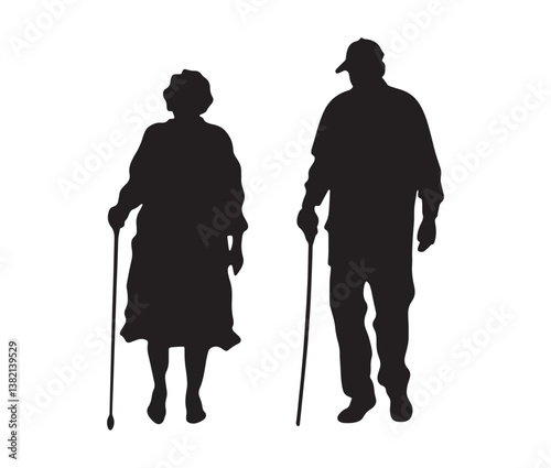 Silhouette of a senior couple. Elderly couple silhouette – senior citizens with walking canes.
