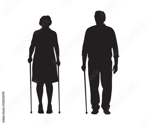 Silhouette of a senior couple. Elderly couple silhouette – senior citizens with walking canes.