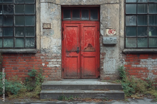 Old wooden red door in stone wall of vintage house