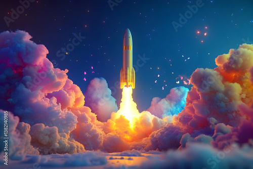 
Illustration of a rocket taking off, surrounded by smoke and clouds, against a blue background with gradient colors, soft lighting.