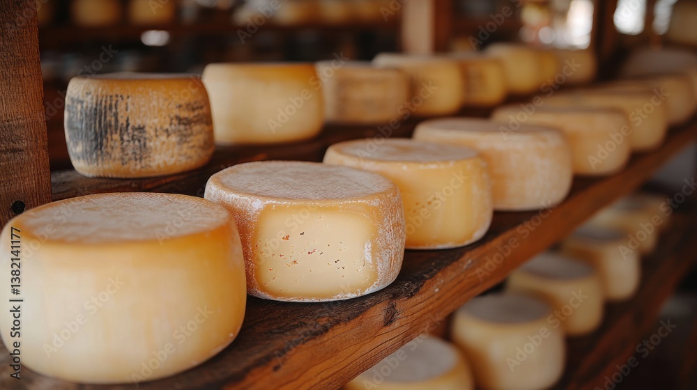 Rustic cheese aging on wooden shelves in a cellar, food preservation Rustic cheese aging on wooden shelves in a cellar, food preservation