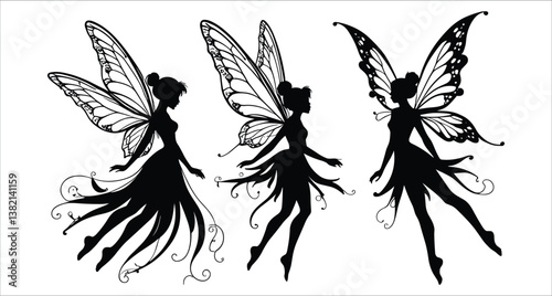 Magical fairy silhouette vector icons. Fairy silhouettes with decorative butterfly wings vector art. Set of fantasy fairy girl silhouettes in flight vector design. Fairy girl silhouette vector